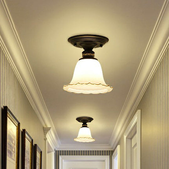 Vintage Ivory Glass Flared Ceiling Light With 1 Bulb - Semi Mount Black Fixture