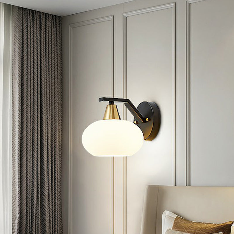 Minimalist White Glass Ellipse Wall Light Fixture - Single Black Sconce For Bedroom