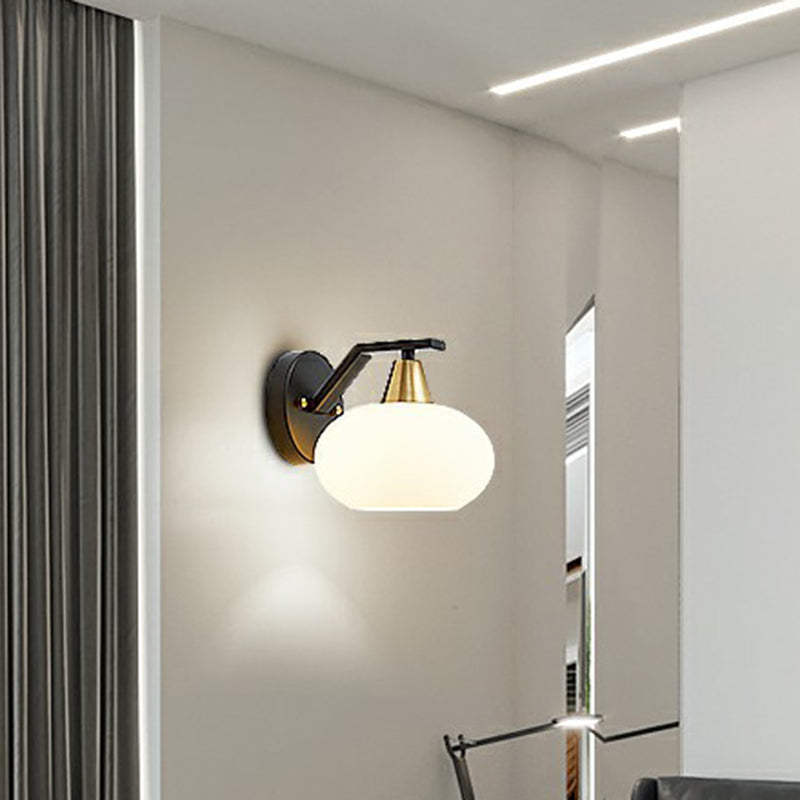 Minimalist White Glass Ellipse Wall Light Fixture - Single Black Sconce For Bedroom