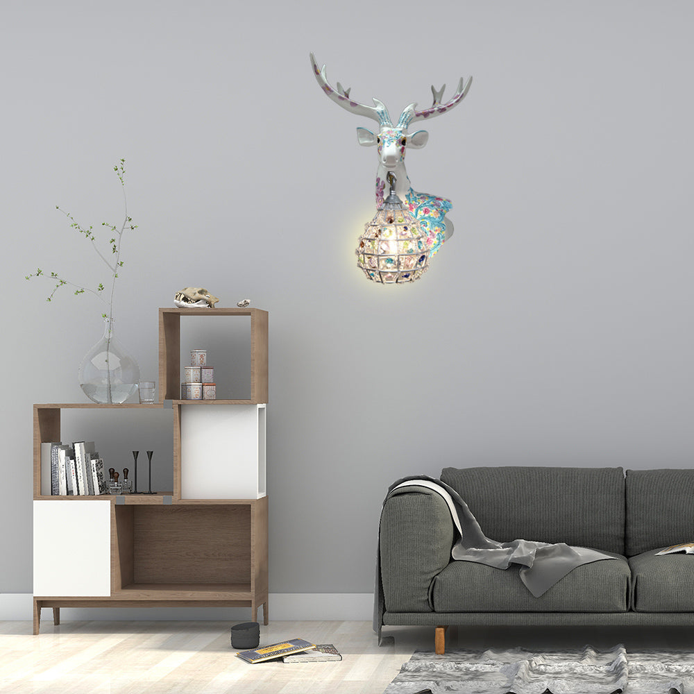 Deer Sconce 1-Light Resin Wall Mount Lighting In Black/Pink/Yellow With Crystal Shade - Bedroom