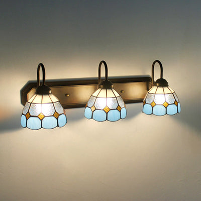 Tiffany Clear/Blue Glass Dome Wall Light With Curve Arm - 3 Heads Sconce Fixture Blue