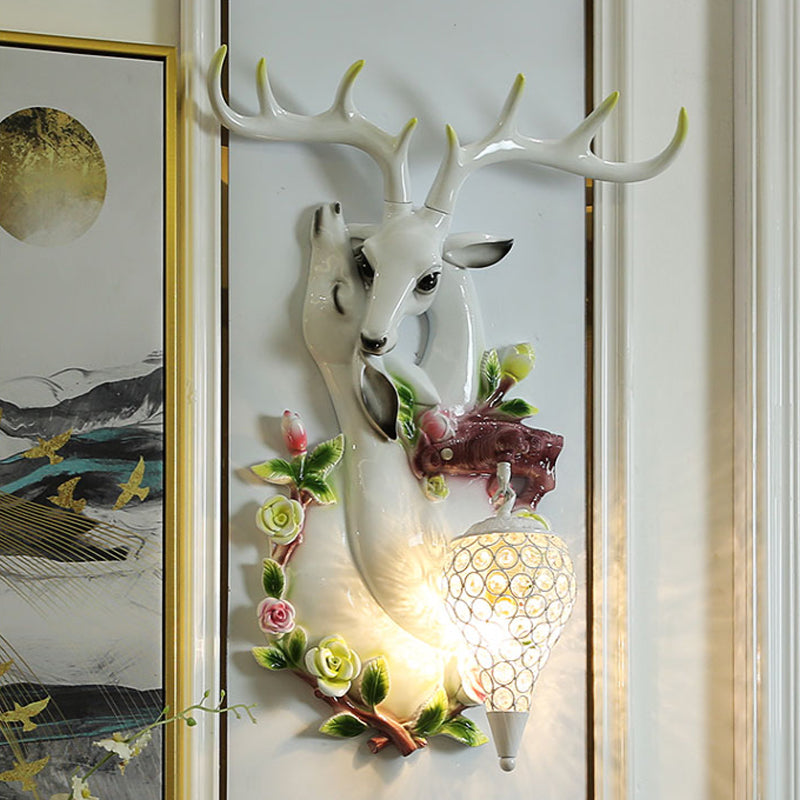 Vintage Deer Head Wall Sconce With Crystal Shade And Gold Accent Light