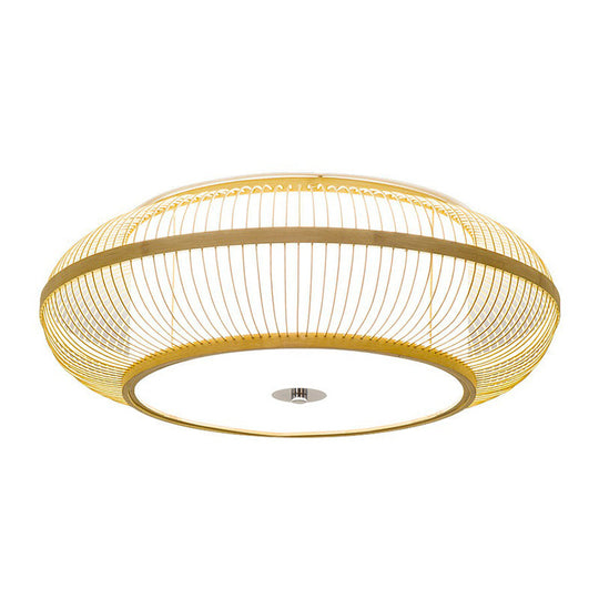 Minimalistic Round Bamboo Flushmount Ceiling Light - Single - Head Aisle Fixture With Natural Wood