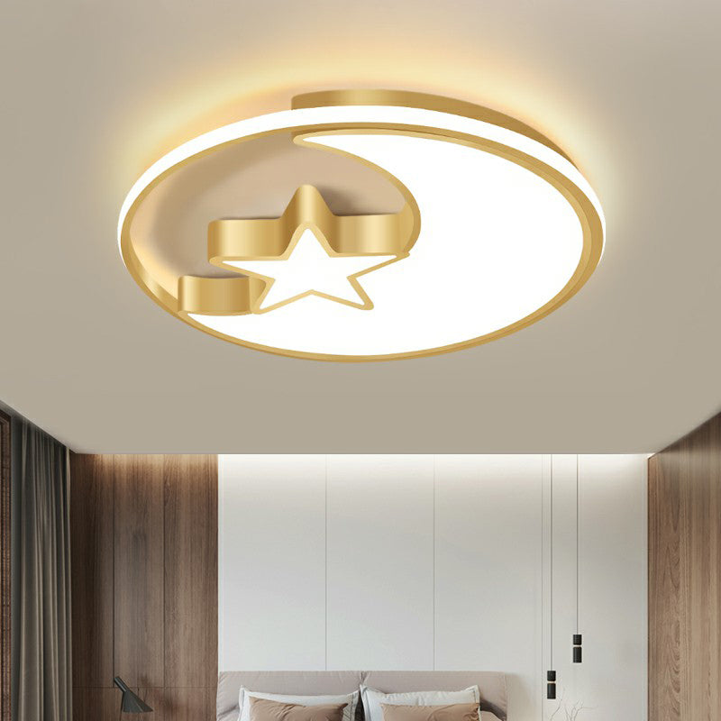 Simplicity Golden Ceiling Lamp With Metal Moon And Star Design - Perfect For Children’s Bedroom