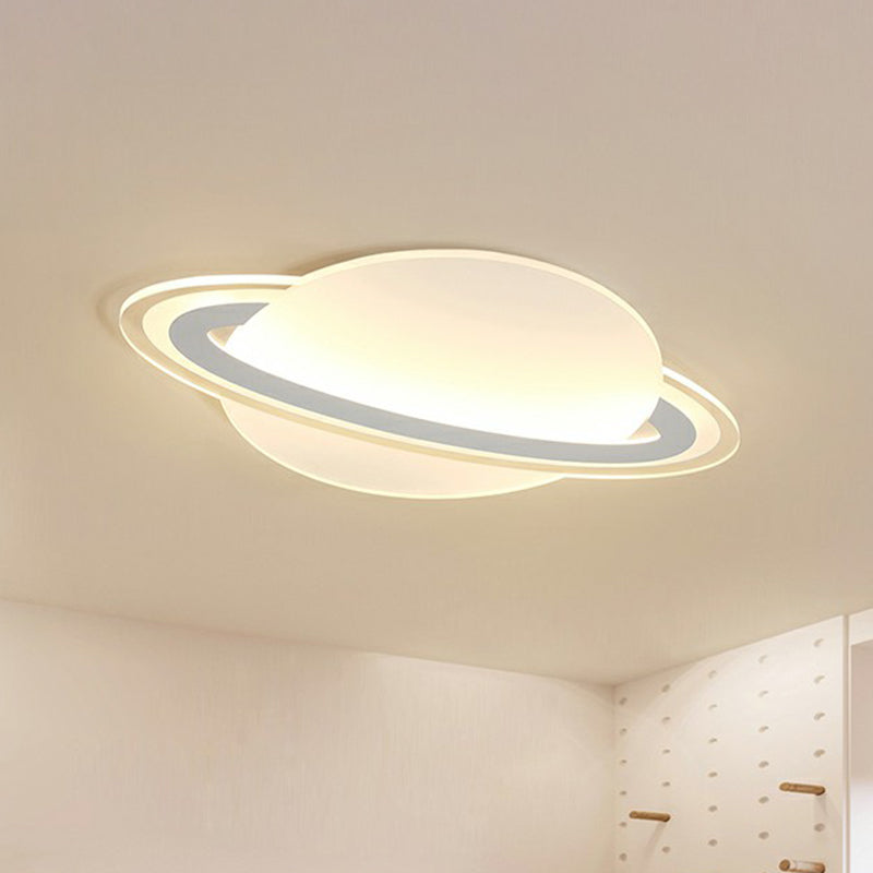 Minimalist Led Flush Lamp For Kid’s Bedroom: Ringed Planet Ceiling Light In White / 12’ Warm
