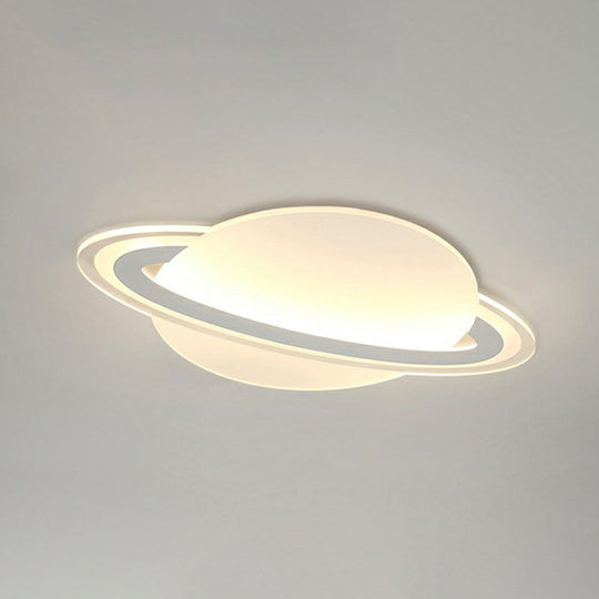 Minimalist Led Flush Lamp For Kids Bedroom: Ringed Planet Ceiling Light In White
