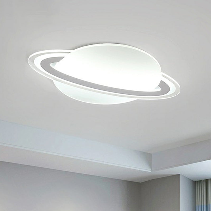 Minimalist Led Flush Lamp For Kid’s Bedroom: Ringed Planet Ceiling Light In White