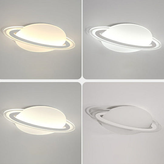 Minimalist Led Flush Lamp For Kid’s Bedroom: Ringed Planet Ceiling Light In White / 12’ Third Gear