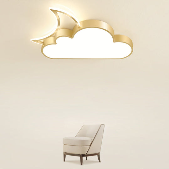 Children’s Metal Moon And Cloud Led Ceiling Fixture For Bedroom - Flush Mount Light
