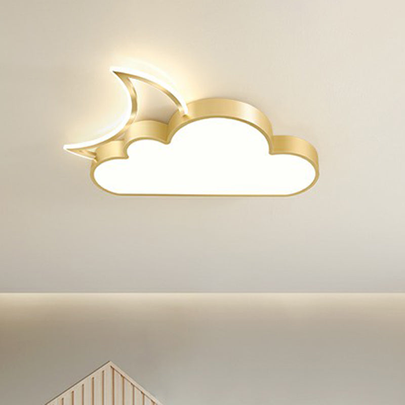 Childrens Metal Moon And Cloud Led Ceiling Fixture For Bedroom - Flush Mount Light