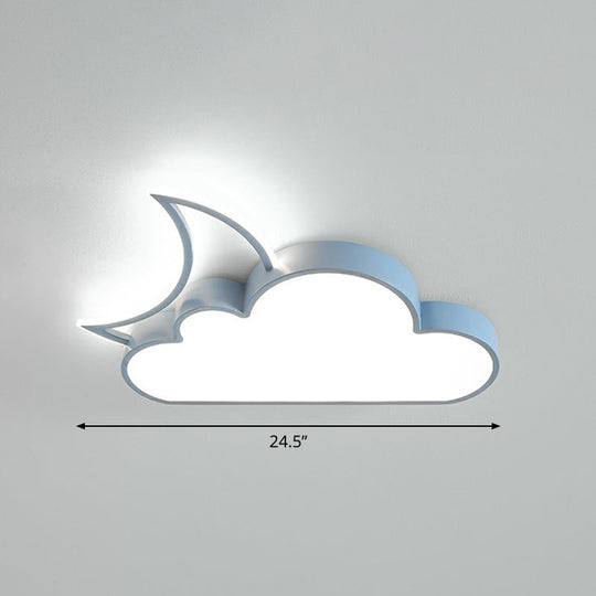Childrens Metal Moon And Cloud Led Ceiling Fixture For Bedroom - Flush Mount Light Blue / 24.5 White