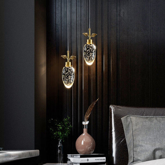 Golden Seedy Crystal Led Pendant Light For Bedroom - Simple Style Suspension Lamp