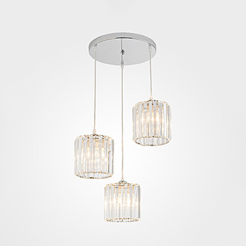 Crystal Shade Pendant Cluster Light - Minimalist 3-Head Cylindrical Hanging Fixture For Dining Room