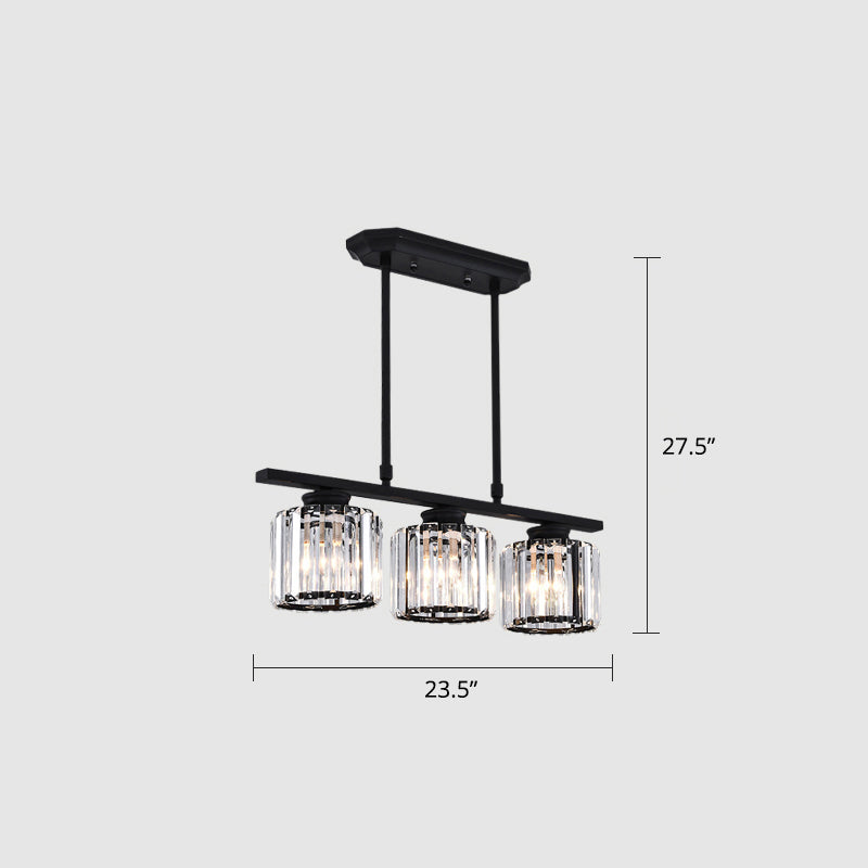 Crystal Block 3-Light Pendant - Linear Dining Room Island Lamp Fixture Black / Round
