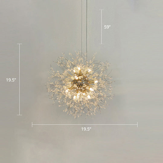 Stylish Dandelion Chandelier With Clear Crystal Beads - Modern Led Ceiling Light For Bedroom Brass