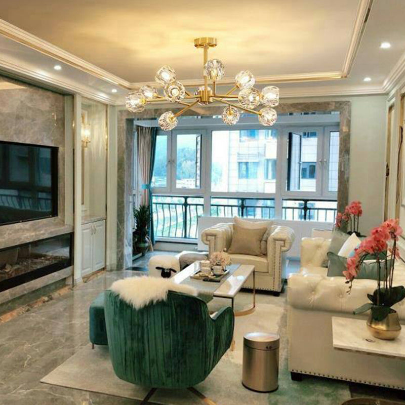 Minimalistic Brass Chandelier With Faceted Crystal Balls - Living Room Hanging Lamp