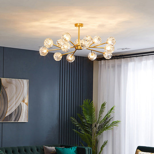 Minimalistic Brass Chandelier With Faceted Crystal Balls - Living Room Hanging Lamp