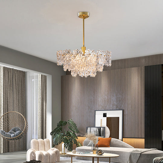 Postmodern Brass Finish Floral Glass Chandelier: Elegant Tiered Hanging Light For Living Room