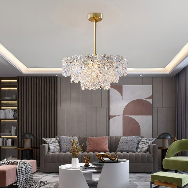 Postmodern Brass Finish Floral Glass Chandelier: Elegant Tiered Hanging Light For Living Room