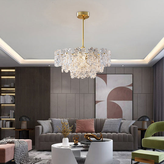 Postmodern Brass Finish Floral Glass Chandelier: Elegant Tiered Hanging Light For Living Room