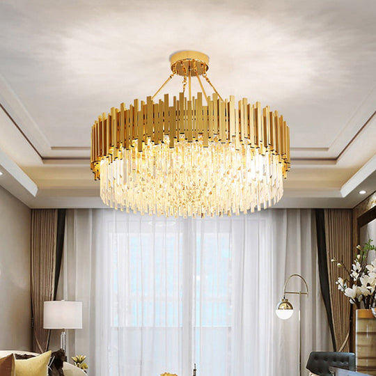 Minimalist Gold Living Room Chandelier With Crystal Drum Shade- 6 Lights Pendant Light