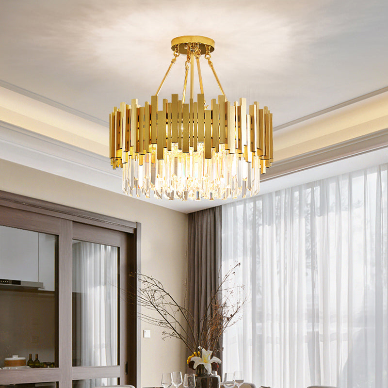 Minimalist Gold Chandelier - 6-Light Drum Crystal Pendant For Living Room Ceiling