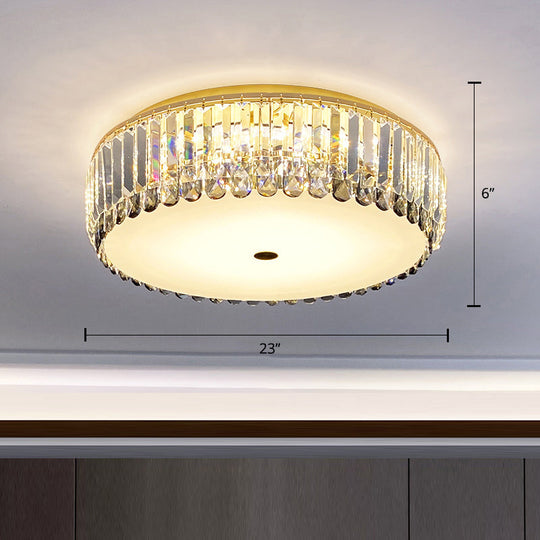 Crystal Led Flush - Mount Ceiling Light With Brass Finish Drum Shape - Simplistic Elegance / 23’