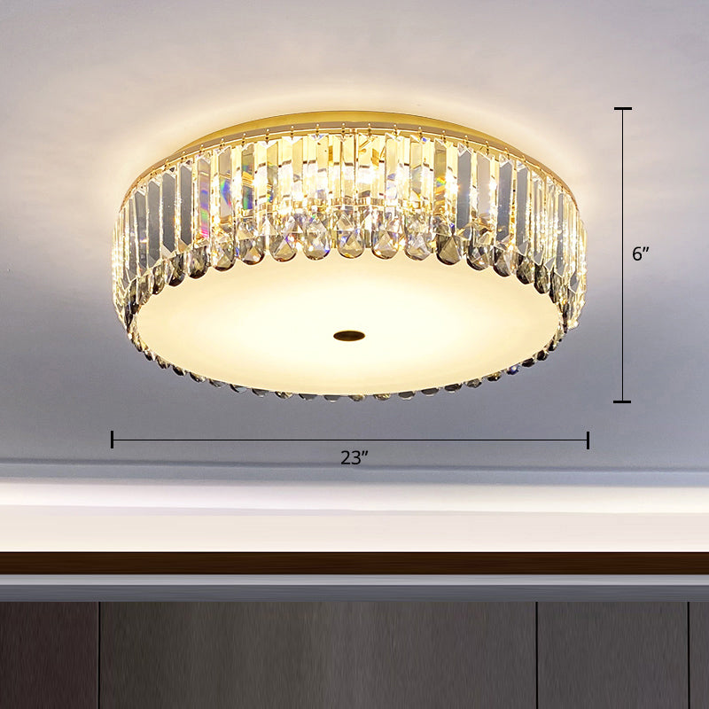 Crystal Led Flush-Mount Ceiling Light With Brass Finish Drum Shape - Simplistic Elegance / 23