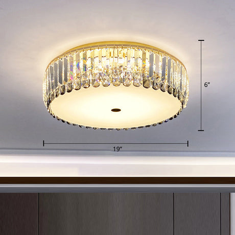 Crystal Led Flush-Mount Ceiling Light With Brass Finish Drum Shape - Simplistic Elegance / 19