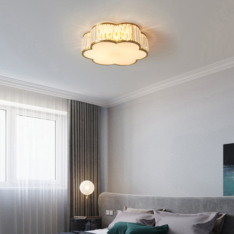 Floral Ceiling Light With Brass Finish Simplicity Design 3 - Light Crystal Flush Mount Fixture For