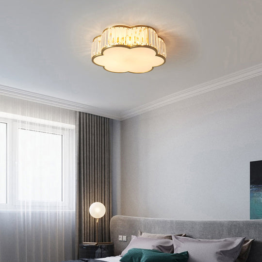 Floral Ceiling Light With Brass Finish Simplicity Design 3-Light Crystal Flush Mount Fixture For