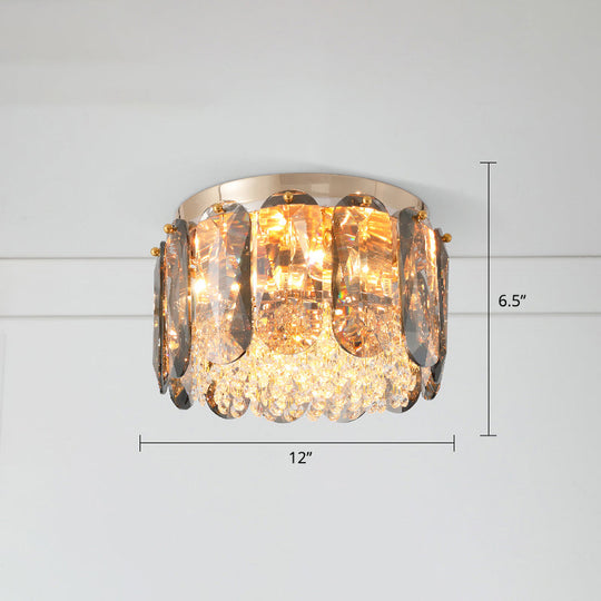 Modern 3 - Light Brass Drum Flushmount Crystal Ceiling Light For Corridor / 12’
