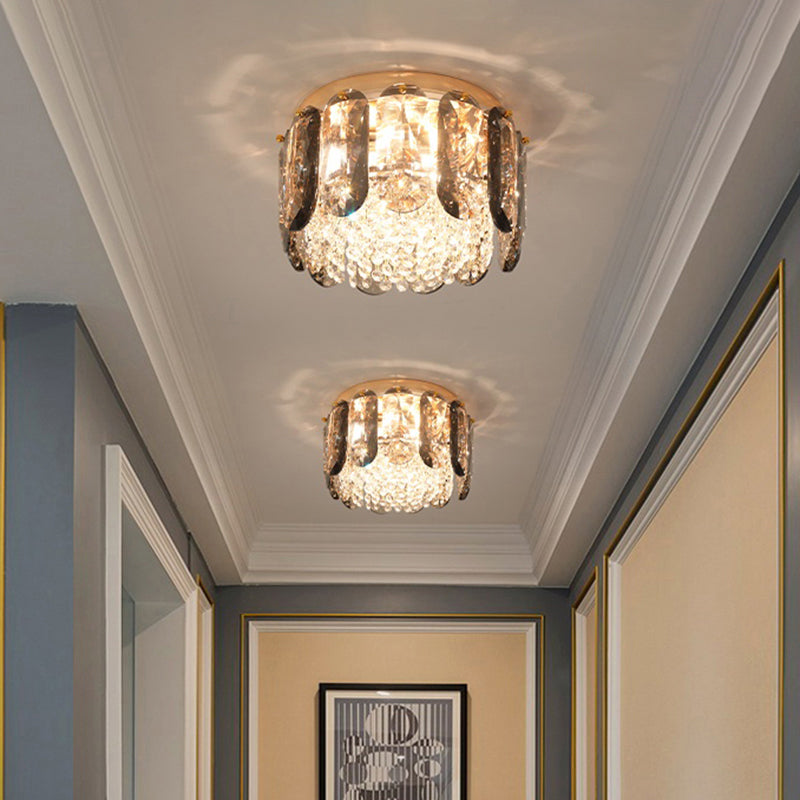 Modern 3 - Light Brass Drum Flushmount Crystal Ceiling Light For Corridor