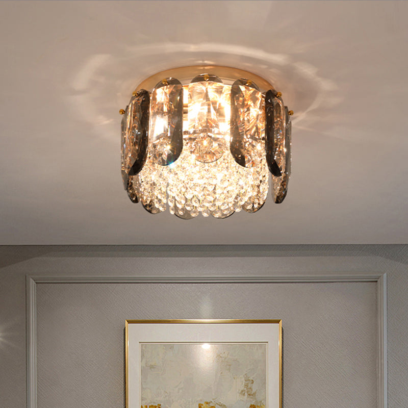 Modern 3 - Light Brass Drum Flushmount Crystal Ceiling Light For Corridor