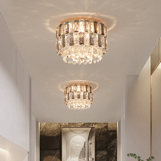 Modern 3 - Light Brass Drum Flushmount Crystal Ceiling Light For Corridor