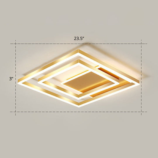 Minimalist Square Gold Led Flush Ceiling Light For Bedrooms / 23.5 Remote Control Stepless Dimming