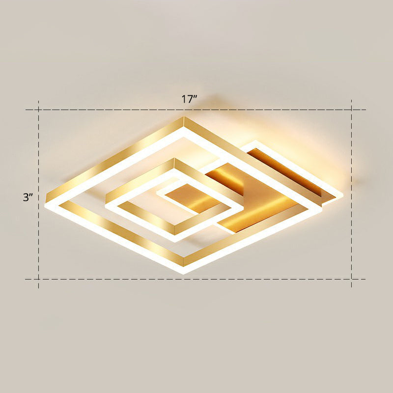 Minimalist Square Gold Led Flush Ceiling Light For Bedrooms / 17 Remote Control Stepless Dimming