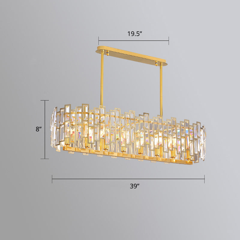 Modern Gold Drum Pendant Lamp With Crystal Rods - Tri-Sided Bedroom Chandelier Light / 39’’