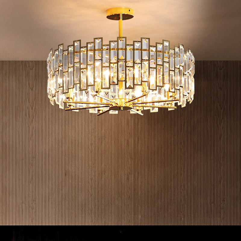Modern Gold Drum Pendant Lamp With Crystal Rods - Tri-Sided Bedroom Chandelier Light
