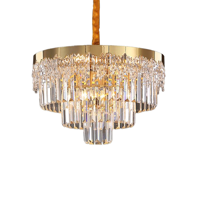 Gold Minimalist Crystal Rod Chandelier - 3-Layer Bedroom Lighting Fixture