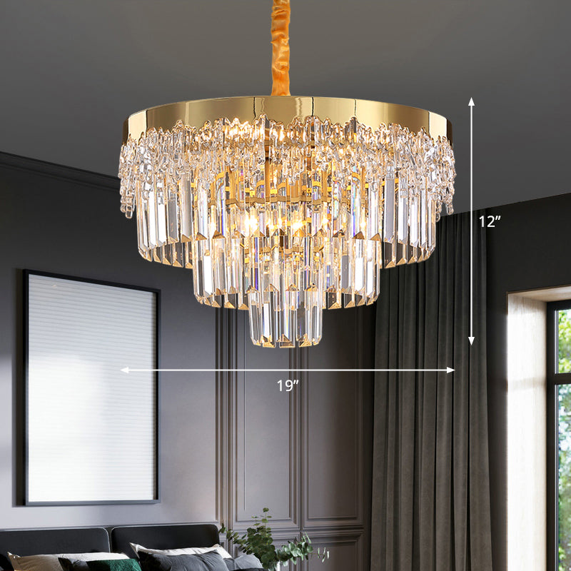 Gold Minimalist Crystal Rod Chandelier - 3-Layer Bedroom Lighting Fixture
