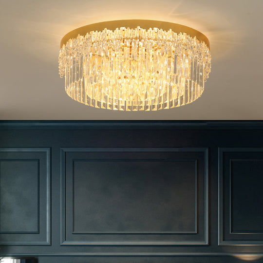 Modern Crystal Gold Flush Mount Light With Tri - Sided Drum Shape