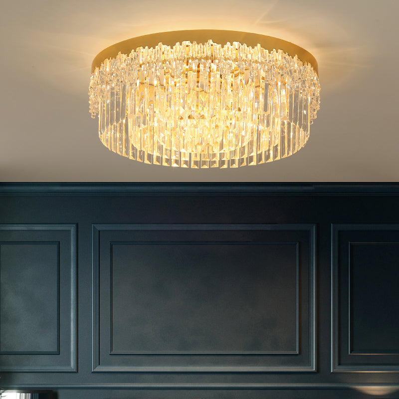 Modern Crystal Gold Flush Mount Light With Tri-Sided Drum Shape