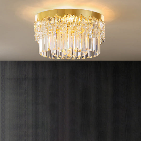 Modern Crystal Gold Flush Mount Light With Tri-Sided Drum Shape / 14