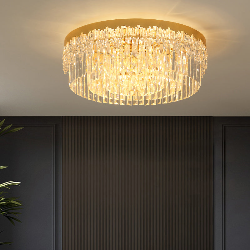 Modern Crystal Gold Flush Mount Light With Tri-Sided Drum Shape