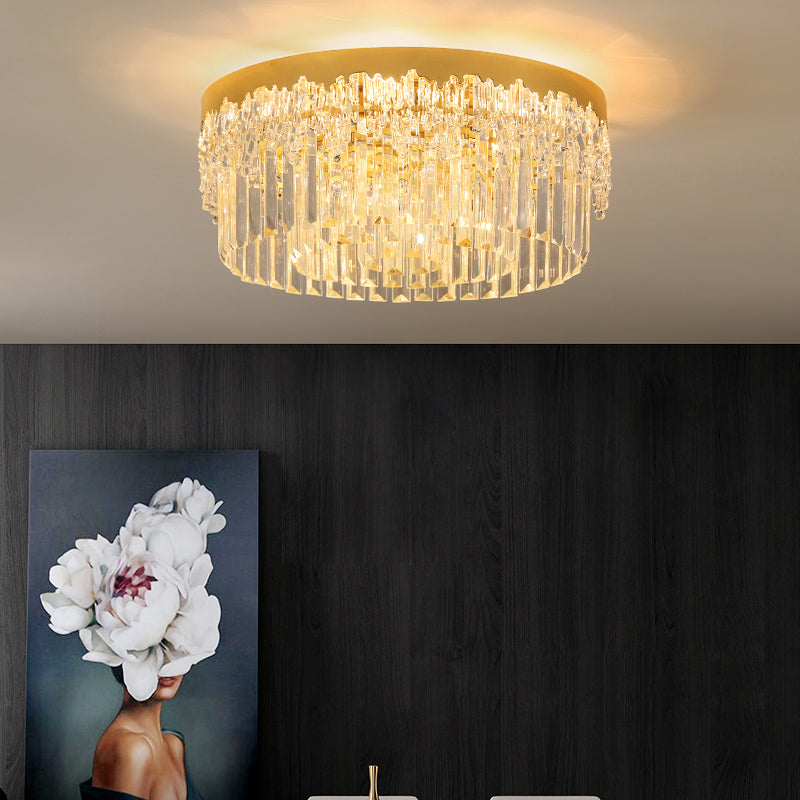 Modern Crystal Gold Flush Mount Light With Tri - Sided Drum Shape