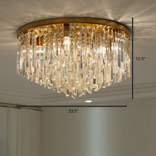 Modern Round Flushmount Bedroom Ceiling Light With Clear Crystal Icicles Brass / 23.5