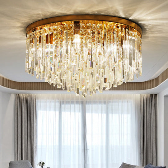 Modern Round Flushmount Bedroom Ceiling Light With Clear Crystal Icicles