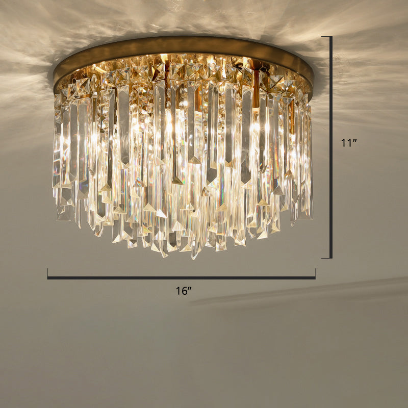 Modern Round Flushmount Bedroom Ceiling Light With Clear Crystal Icicles Brass / 16