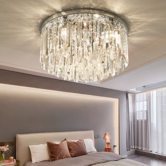 Modern Round Flushmount Bedroom Ceiling Light With Clear Crystal Icicles